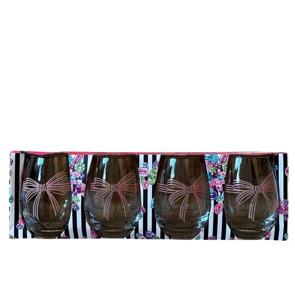 Betsey Johnson Pink Bow Stemless Wine Glasses Set of 4 Valentine's Day New - Picture 1 of 16